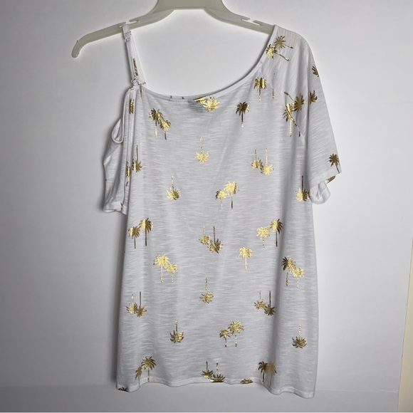 Torrid Off Shoulder Feather Soft Slub Twist Hem White Gold Palm Tree Top 1X - Picture 3 of 12